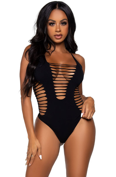 Racer Back Thong Bodysuit Black O/S Teddy | | Intimast