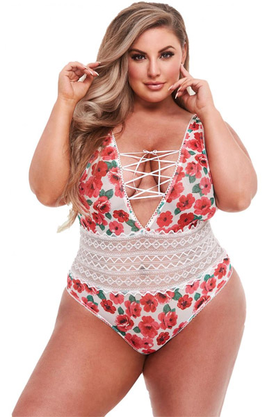 White Floral & Lace Teddy Curvy Queen Size Teddy | | Intimast