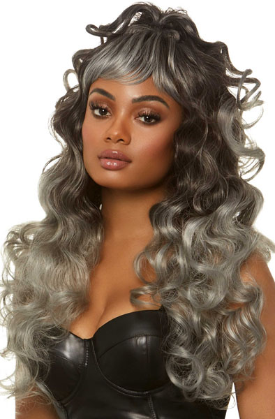Long Curly Wispy Bang Wig Grey Peruk