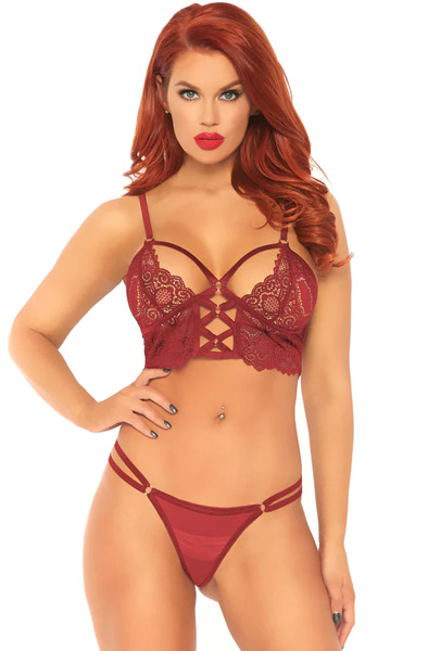 Lace Bralette With Sheer Thong Burgundy S/M Sexiga underkläder | | Intimast