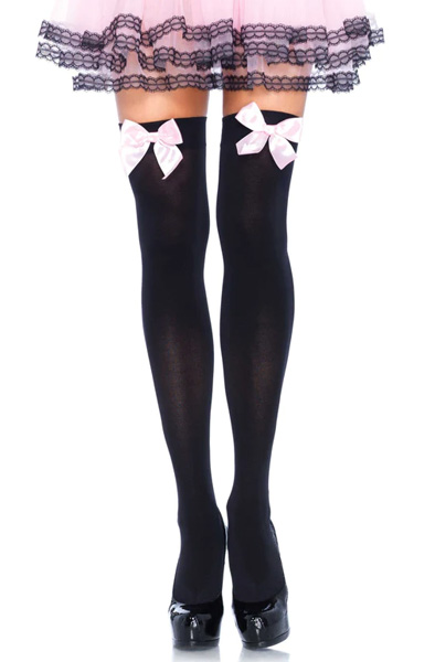 Nylon Thigh Highs With Bow Black/Pink O/S Strumpor | | Intimast