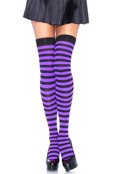 Striped Nylon Thigh Highs Black/Purple O/S Strumpbyxor | | Intimast
