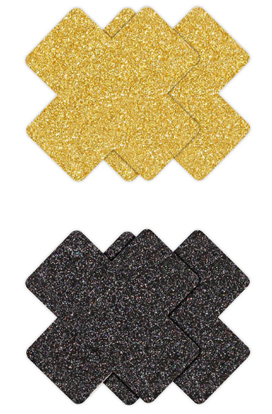 Pretty Pasties Glitter Cross Black Gold 2 Pair Nipple covers | | Intimast