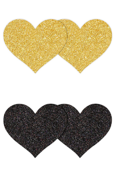 Pretty Pasties Glitter Hearts Black Gold 2 Pair Nipple covers | | Intimast