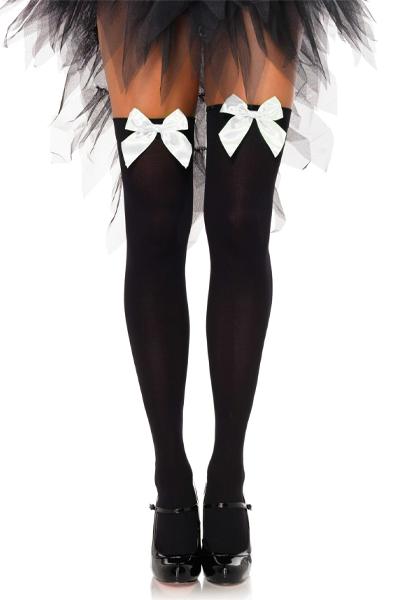 Nylon Thigh Highs With Bow Black/White O/S Strumpbyxor | | Intimast