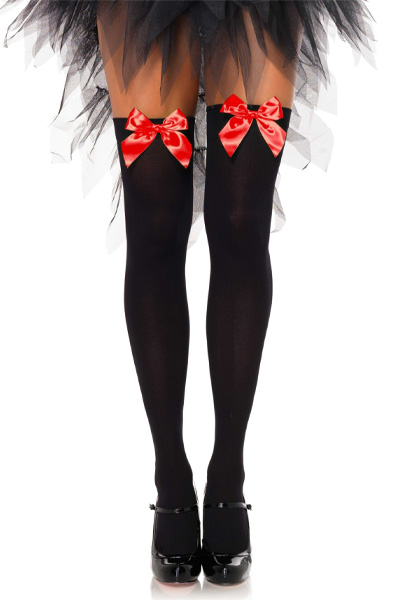 Nylon Thigh Highs With Bow Black/Red O/S Strumpbyxor | | Intimast
