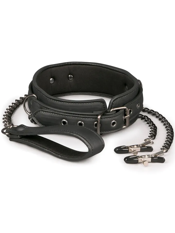 Easytoys Leather Collar With Nipple Chains Halsband med bröstklämmor |  | Intimast