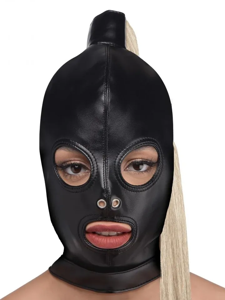 Strict Blonde Ponytail Bondage Hood Black BDSM mask |  | Intimast