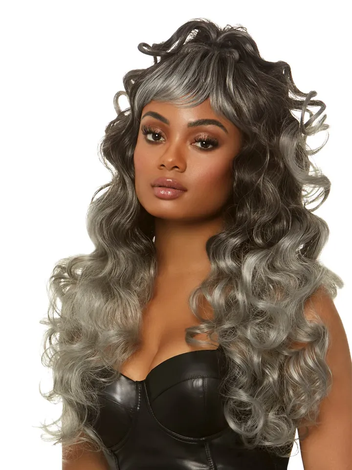 Long Curly Wispy Bang Wig Grey Peruk | | Intimast