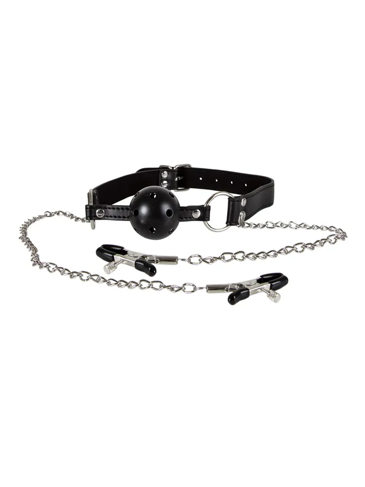 Diabolique Black Gag With Nipple Clamps Gagball med bröstklämmor |  | Intimast