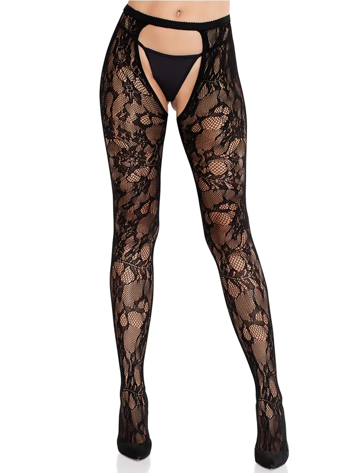 Rose Lace Crotchless Tights With Open Back Black O/S Strumpbyxor |  | Intimast