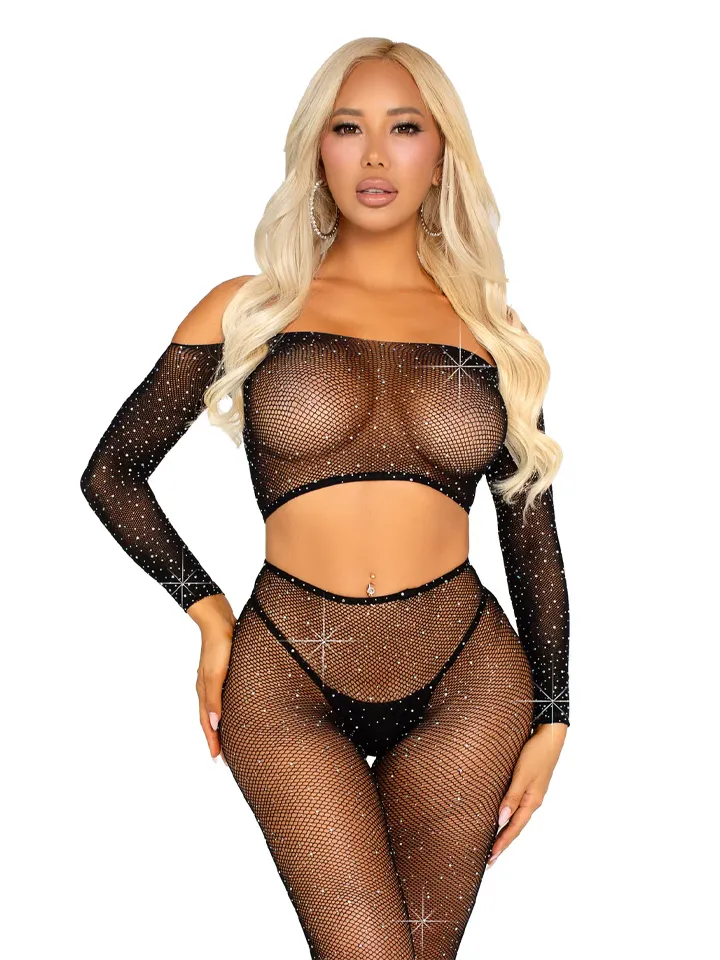 Rhinestone Fishnet Crop Top & Legging Black O/S Body & Playsuits |  | Intimast