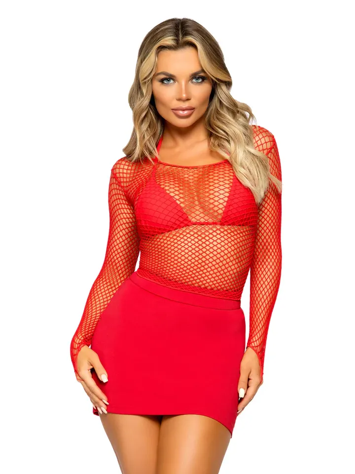 Elastane Long Sleeved Fishnet Shirt Red O/S Fishnet top |  | Intimast